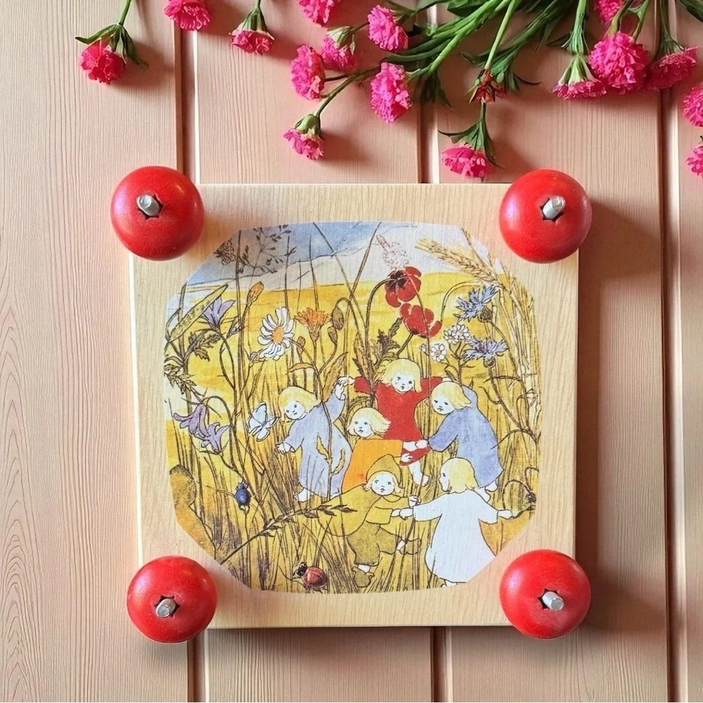 Vintage-Inspired Wooden Flower Press Whimsical Wildflower Children Illustration